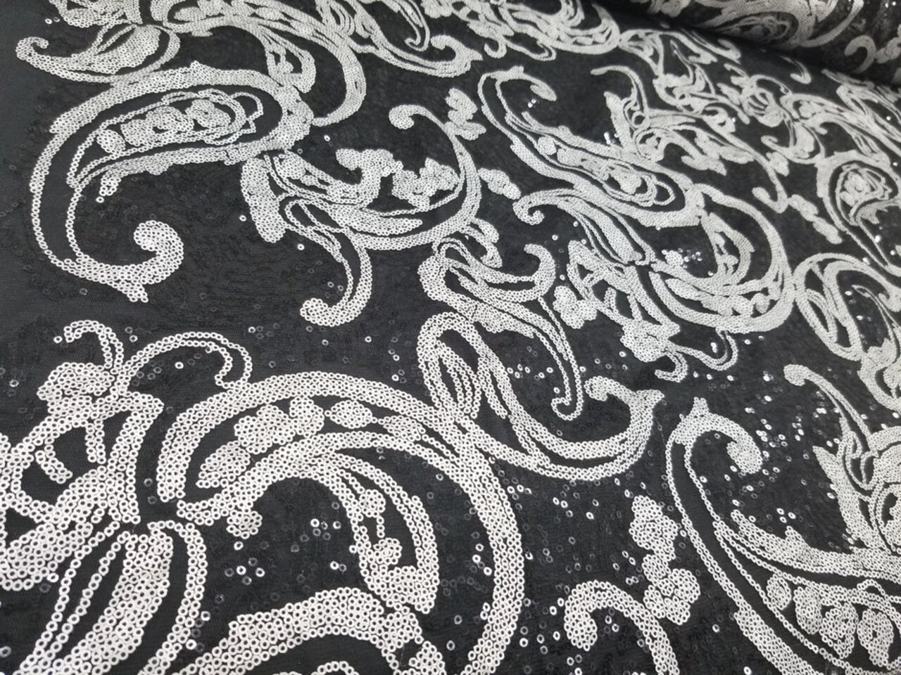 1 Yard Turquoise/Black Elegant Paisley Bridal Lace Fabric With Sequins Embroidery 54 Inch Width